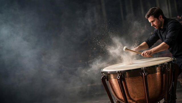 Professional Timpani Player Performing with Dramatic Powder Splash Effect on Stage