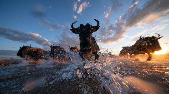Wildebeest Herd Crossing River During Great Migration