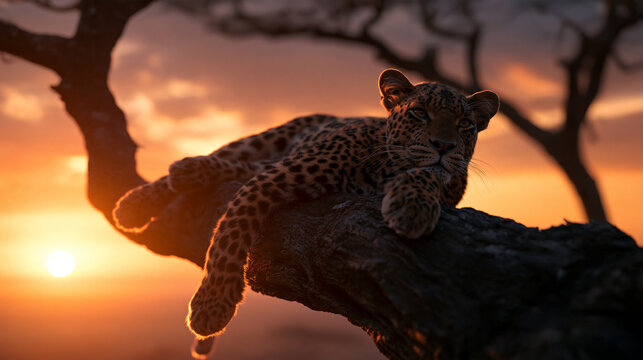Leopard Resting on Tree Branch at Sunset