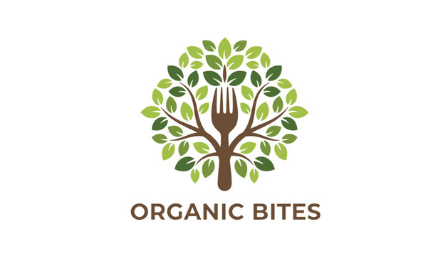 Organic Bites logo design featuring a brown tree trunk shaped like a fork with green leaves forming a round crown.