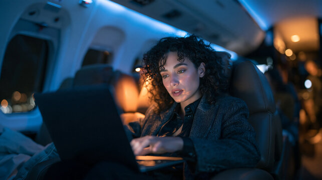 Businesswoman Working on Laptop Inside Private Jet Flight