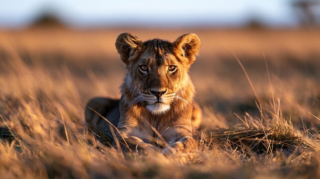Young Lion Resting in Savanna Grass at Sunset
