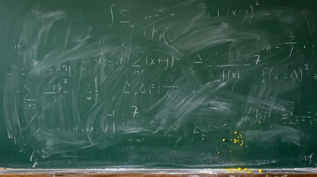 Complex white mathematical equations written in dusty chalk on a worn dark green textured classroom blackboard with scattered yellow chalk crumbs