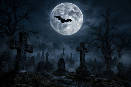 luna llena grande, murci&eacute;lago cruzando la luna, cementerio con cruces y niebla