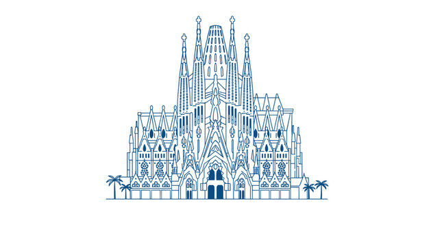 Detailed blue line art illustration of the famous Sagrada Familia cathedral in Barcelona on a white background.
