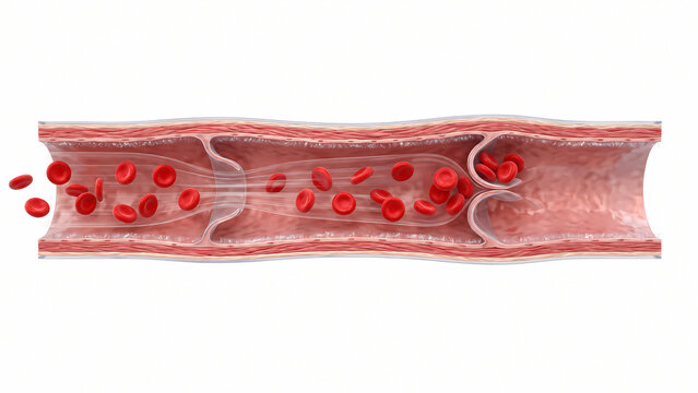 Cross section 3D diagram of vein blood vessel showing dual internal venous valves regulating blood flow