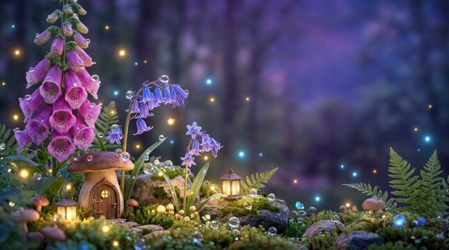A magical fairy garden glows with an ethereal purple hue. A vibrant pink foxglove flower stands tall, surrounded by delicate bluebells and miniature mushrooms.