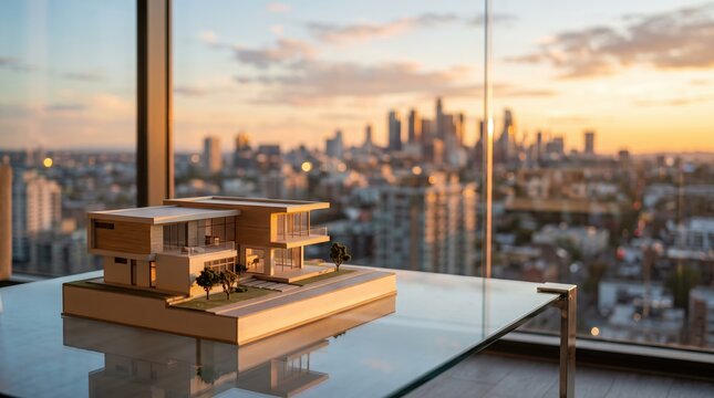 Architectural scale model of a modern luxury house on a glass table with a city skyline at sunset, representing real estate development, urban planning concepts, and future home
