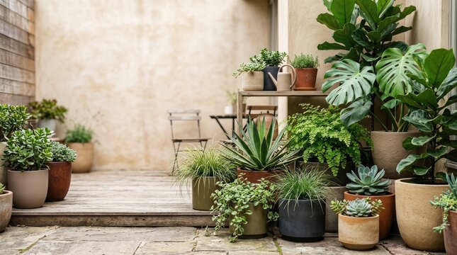A collection of potted plants fills a rustic outdoor patio. Several large, leafy plants, including a Monstera and succulents, are arranged on wooden shelves and in terracotta pots.