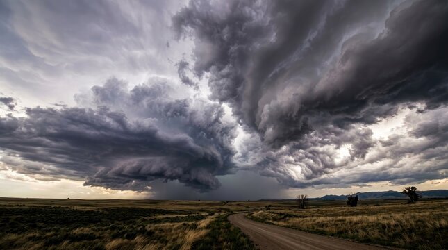 A dramatic, wide-angle photograph captures a powerful thunderstorm rolling across a rural landscape. Dark, towering cumulonimbus clouds dominate the sky, swirling with intense gray and purple hues.