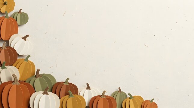 Festive autumn pumpkins arranged in a corner border for a decorative halloween background with copy space area