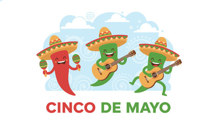 Fototapeta premium Cinco de mayo celebration banner featuring three cute chili pepper characters in sombreros playing music on blue.