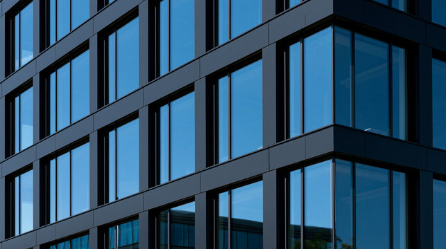 Elegant photo of Modern office building facade with dark metal frames and reflective glass windows. Architectural background for corporate business or urban development concepts.
