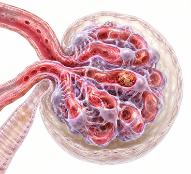 Microscopic 3D diagram of renal glomerulus cutaway showing podocytes capillaries and bowmans capsule filtration barrier