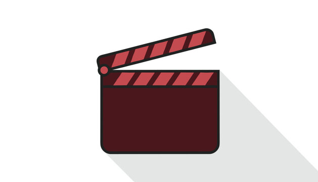 Retro style vector icon of a dark red movie clapperboard with a long drop shadow on a clean white background.