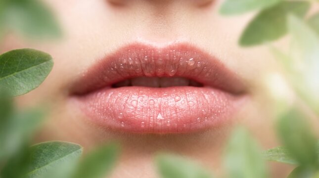 Macro photo of macro of lips with dewdrops 2k showing abstract micro structural details and textures with professional studio lighting