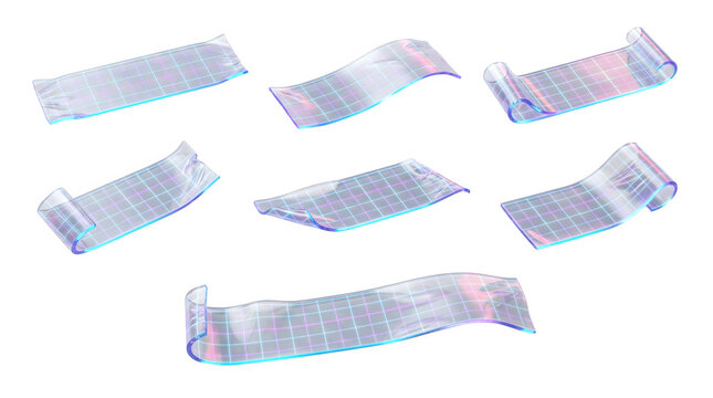 Set of holographic transparent adhesive tape strips with grid pattern isolated on transparent background