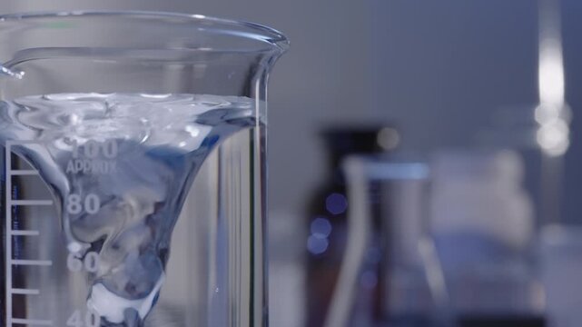Liquid mixing chemical reagent vortex by magnetic stirrer in laboratory, side view