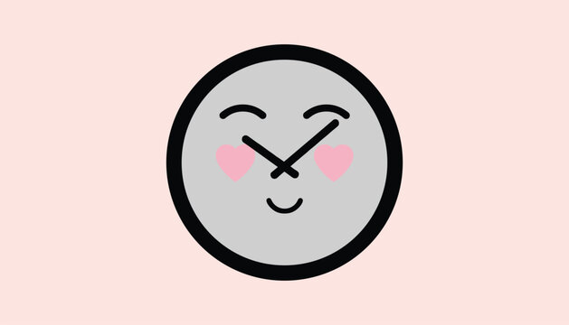 Cute gray wall clock character with pink heart cheeks and a smiley face telling time on a soft pink background.
