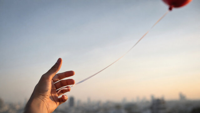 Hand gently releasing red balloon string against soft sunset sky with blurred city skyline, symbolizing letting go, moving forward, freedom, and emotional release