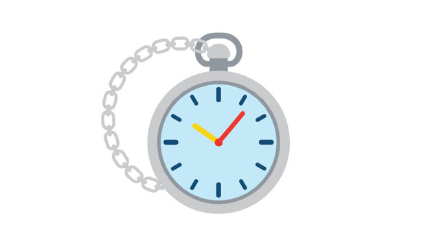 Antique silver pocket watch with chain and colorful clock hands isolated on a clean white background telling time.