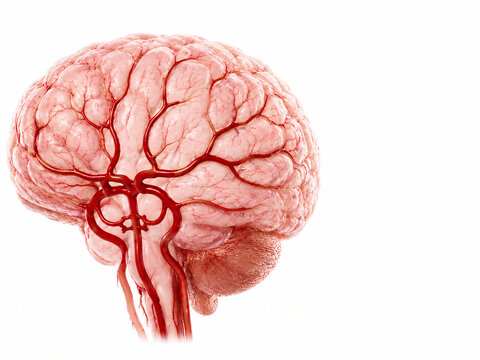 Human brain 3D illustration isolated on white showing cerebral blood vessel network and circle of Willis