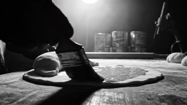 Black and white shot of a person using a brush to spread sauce on a pizza base, culinary preparation
