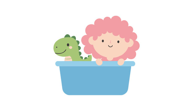 Adorable child with curly pink hair enjoys bath time in a blue tub alongside a cute green toy dinosaur in a simple vector art.