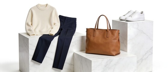 Stylish womens fashion outfit flat lay display.