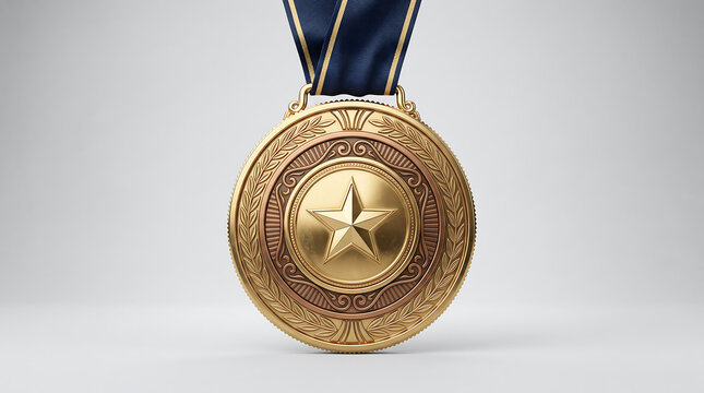 Gold medal with star and blue ribbon, shiny metallic winner award on white background, first place sports trophy for achievement