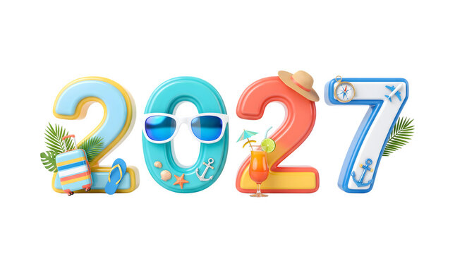 3d render of 2027 year with summer vacation travel elements isolated on transparent background