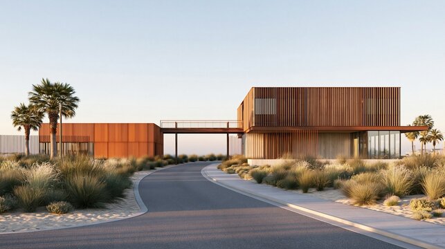 Modern luxury coastal villa with vertical wood cladding connected by bridge surrounded by dry desert grasses and palm trees under warm sunset light contemporary desert architecture