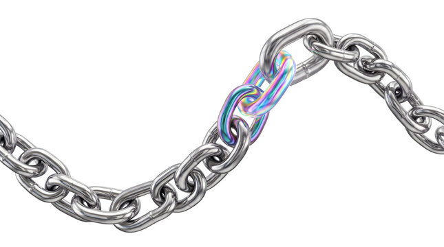 Iridescent link in a silver metal chain representing strength and innovation isolated on transparent background