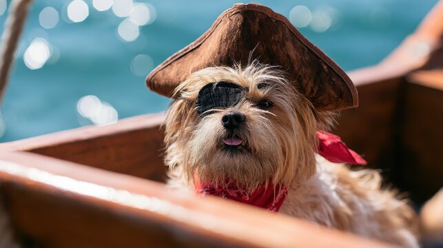 Small dog dressed as pirate with eye patch and hat on wooden boat near water with sunny blue background