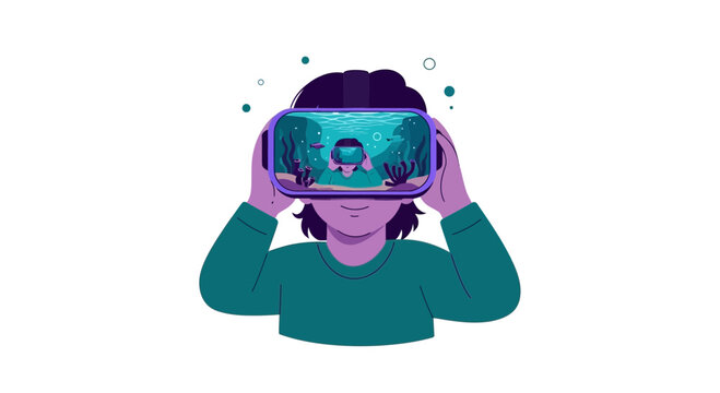Person Wearing VR Headset Exploring Recursive Underwater Metaverse World Flat Design Illustration