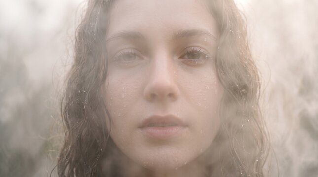 detailed Macro photo of face emerging through mist 2k showing abstract micro structural details and textures with professional studio lighting
