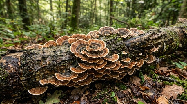 Forest Ecosystem Beauty Of Fungi On A Fallen Log