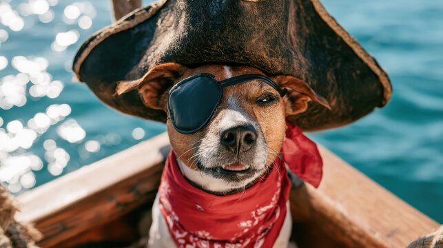 Small dog wearing pirate hat eye patch and red bandana sitting in wooden boat on sparkling water background