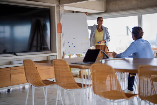 Businesswoman presents strategy to businessman at the office