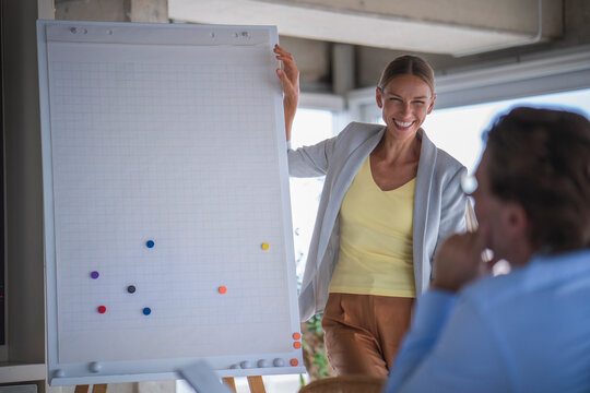Smiling businesswoman presents vision on flipchart to mature man