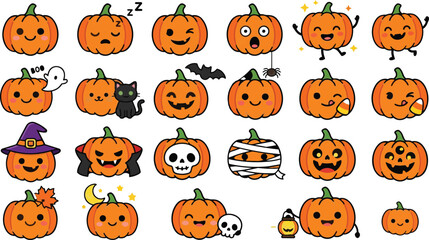 Fototapeta premium Halloween Cute Halloween Pumpkin Vector Set. Kawaii Jack O Lantern Characters With Witch, Cat, Bat, Mummy, Headless Ghost. Adorable Spooky Icons For Holiday Design isolated on White Background