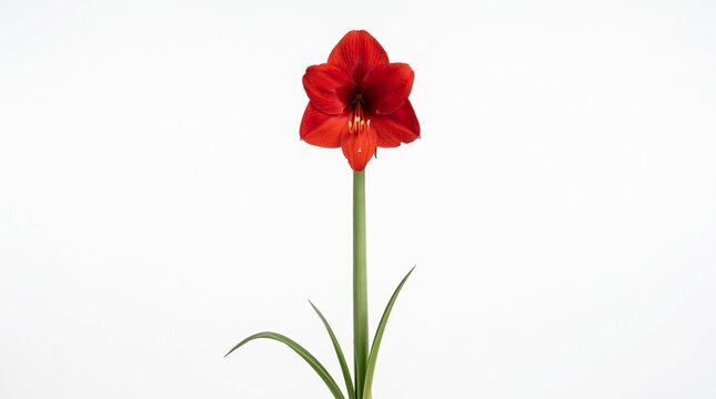 Photorealistic elegant Amaryllis flower with a long slender green stem, large open red petals, prominent golden stamens, minimal natural foliage, graceful vertical composition
