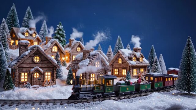 Miniature christmas village with snow covered houses and pine trees under a dark blue sky, small train with carriages moving slowly on tracks, smoke rising from chimneys.