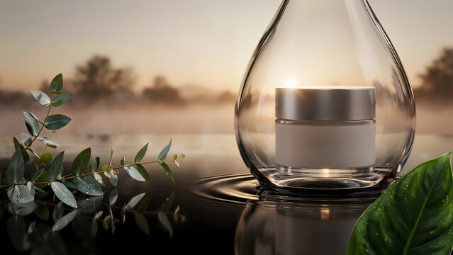 Luxury cream jar placed in a glass drop with morning lake fog background cosmetic cream skincare jar morning mist luxury beauty face moisturizer beauty product sunrise lighting skincare routin