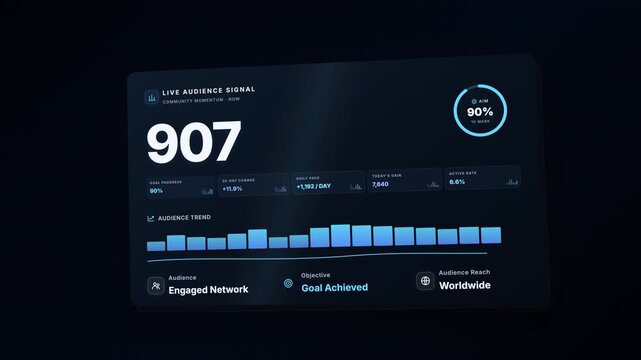 Animated business dashboard showing live audience growth and reaching a one thousand follower milestone.