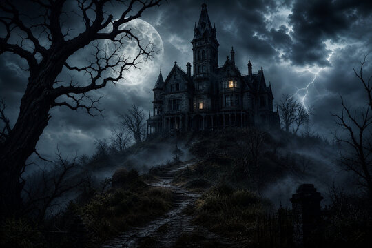 Escena nocturna de terror con una mansi&oacute;n embrujada en una colina, luna llena, &aacute;rboles retorcidos, niebla y rel&aacute;mpagos,