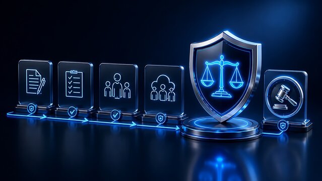 Digital Legal Workflow Process With Justice Scales And Security Shield