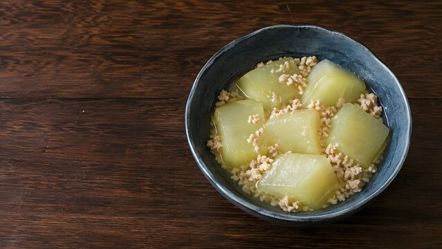 japanese simmered winter melon with savory minced meat sauce