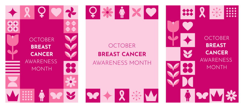 Pink Breast Cancer Awareness Month poster set with ribbon and grid icon design, October campaign wallpaper for social media, banner and flyer design