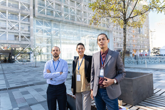 Professional business team shows confidence in the office plaza